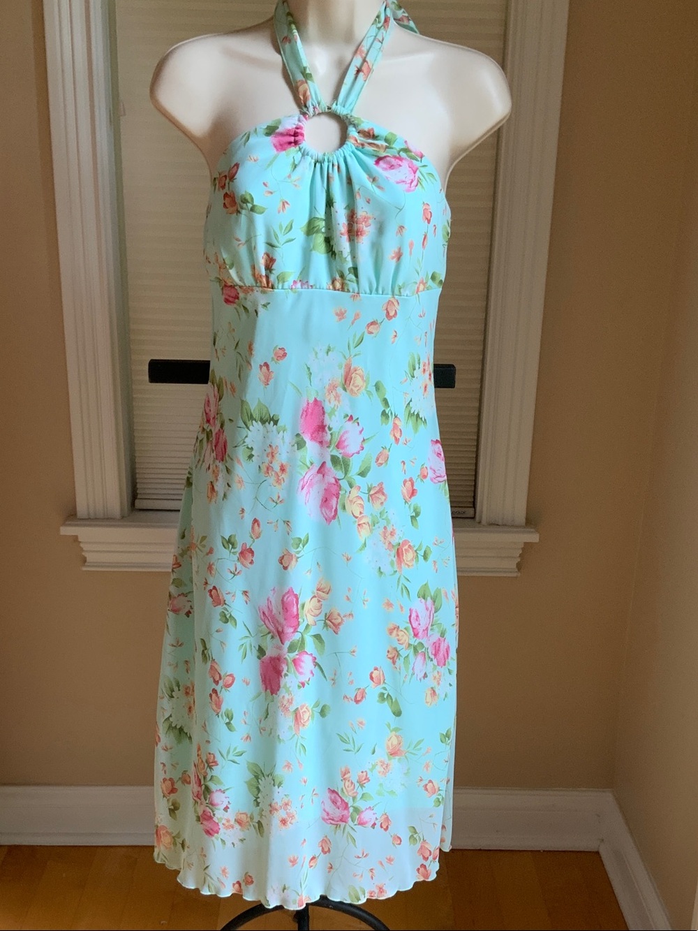 Halter Floral Midi Dress in Light Aqua